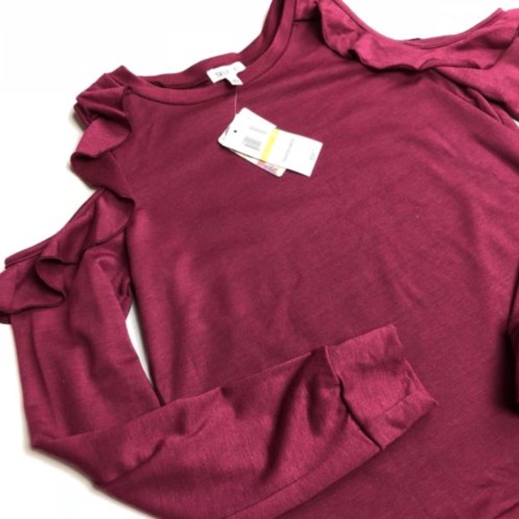 Self Esteem Tops - Self Esteem Burgundy Long Sleeve Cold Shoulder Top